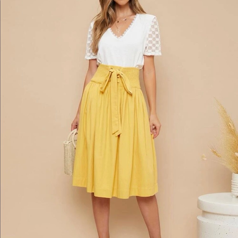 BOGO Tie Front Shirred Waist Skirt Yellow
